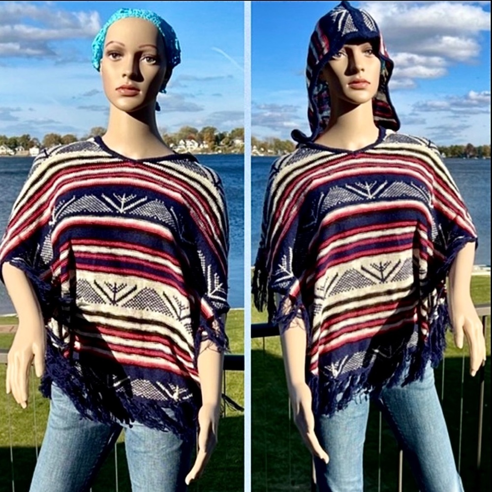 Oh MG! Fringed Hoodie Striped Poncho Sweater SZ XS! NEW!